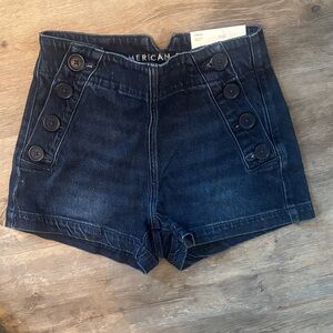 American Eagle Outfitters Dark Blue High-Rise Denim Shorts with Button Trim
